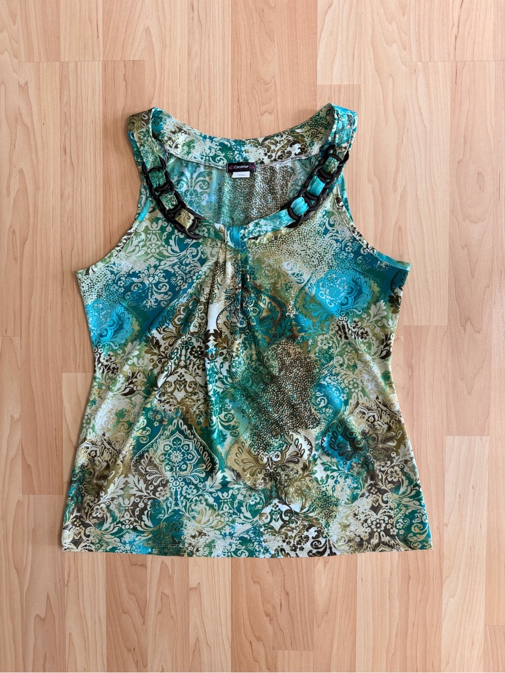 Cocomo Teal and Green Patterned Tank with Embellished Neckline